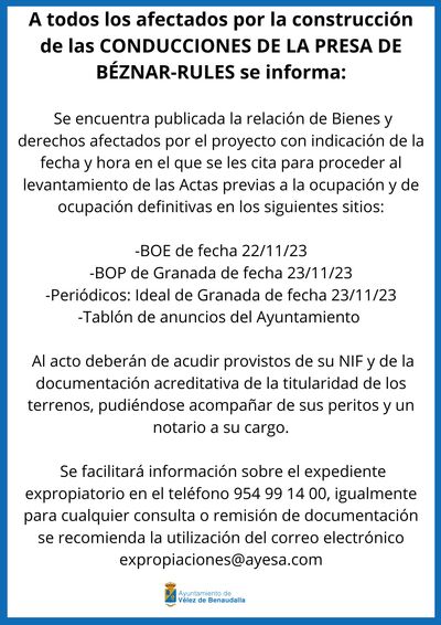 A todos los afectados por la construcci%c3%b3n de las conducciones de la presa de b%c3%89znar rules se informa se encuentra publicada la relaci%c3%b3n de bienes y derechos afectados por el proyecto con indicaci%c3%b3